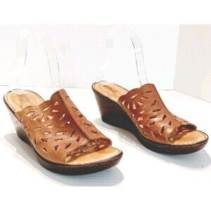 Born Brown Leather Open Toe Wedge Slip-On Sandals Size 8
